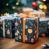 Load image into Gallery viewer, Christmas themed wrapping paper, a box wrapped in custom designed paper with a yellow ribbon on top. 